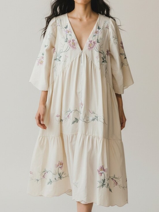 merchant 73 Dresses & Skirts - Merchant 73 Cream Embroidered Floral Midi Dress Cottagecore